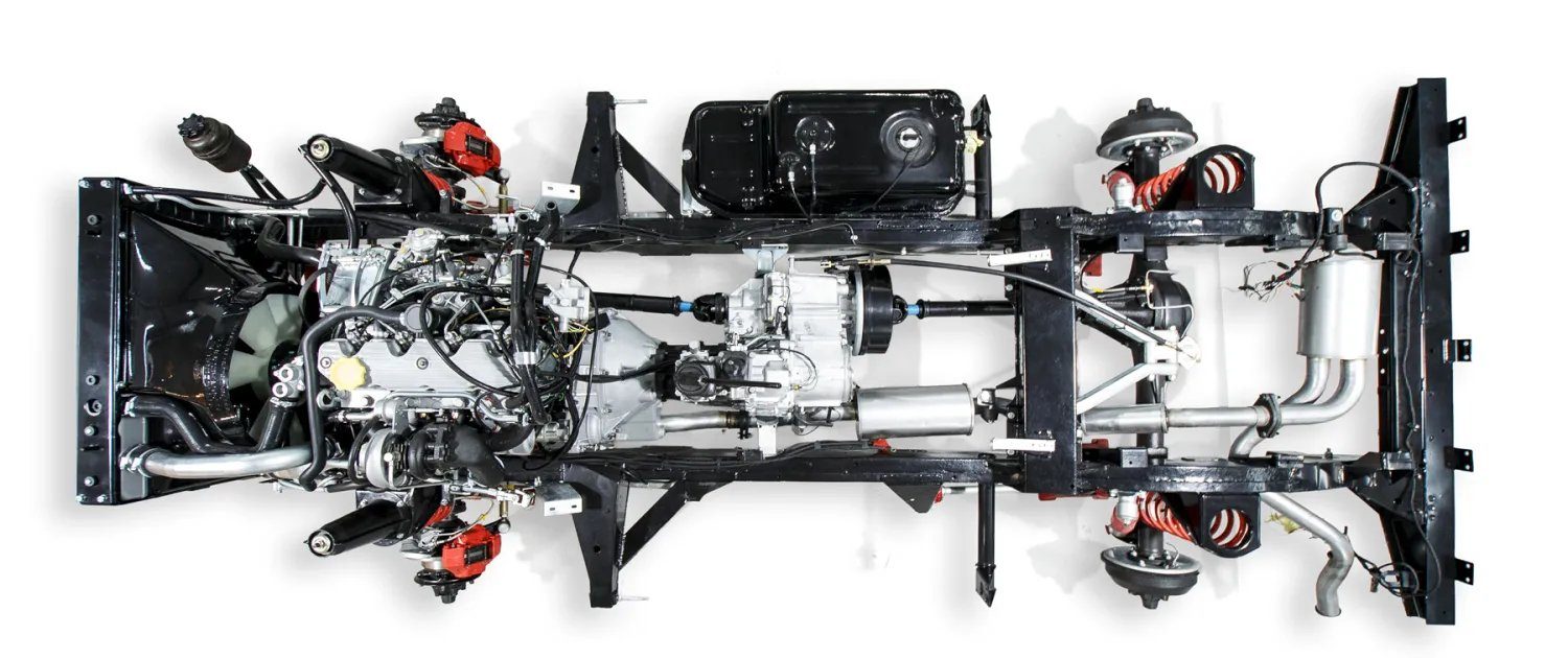 Top-down view of a fully assembled Costa Motor Defender chassis